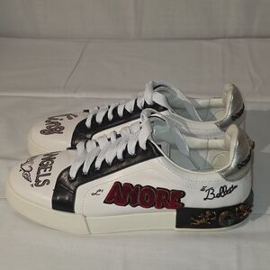 Dolce & Gabbana Calfskin Portofino White and Black Sneakers, Sz 45, 12 US